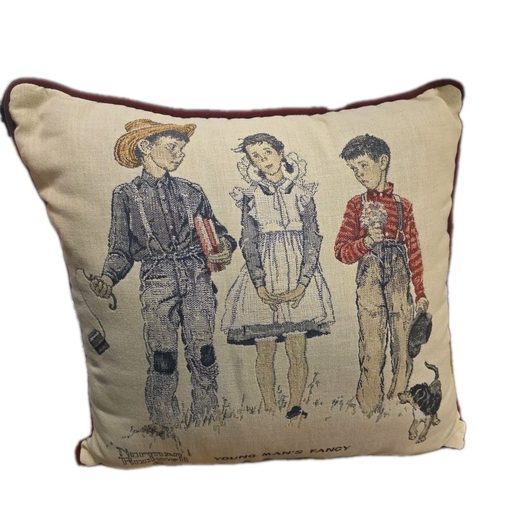 Vintage Norman Rockwell  15"×15"  Dog Themed Pillow "Young Man's Fancy" USA Made